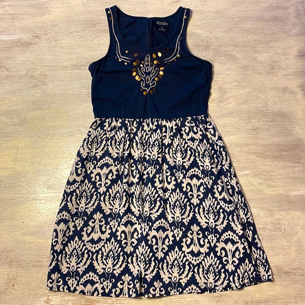 Lucky Brand Navy and White Sleeveless Embroidered Fit-and-Flare Dress